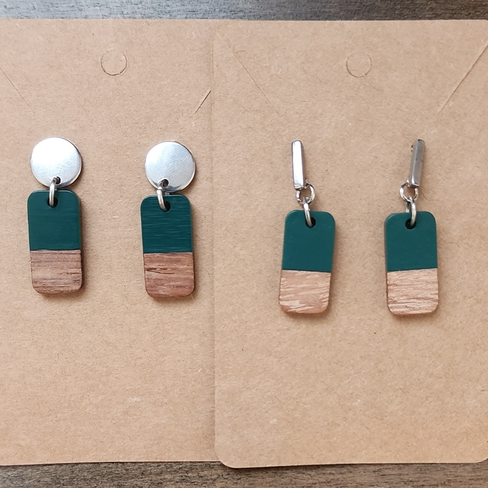 Mixed Media Wood Green Earrings